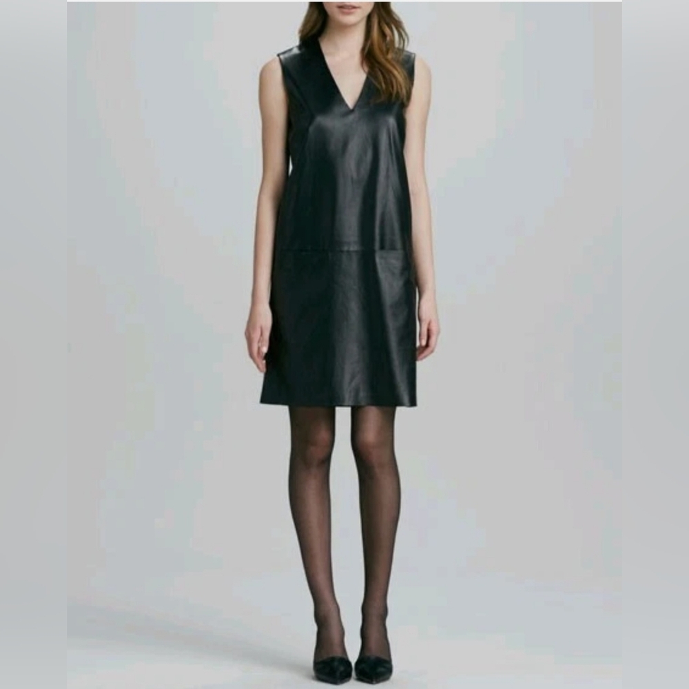 VINCE 100% Leather  Edgy Minimalism Classic Size 8 Sleveeles V-neck Midi Dress